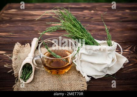 cup of tea from horsetail, made from fresh potion, from pharmacy mortar. Horsetail infusions are used as diuretic for edema Stock Photo