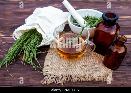 cup of tea from horsetail, made from fresh potion, from pharmacy mortar. Horsetail infusions are used as diuretic for edema Stock Photo