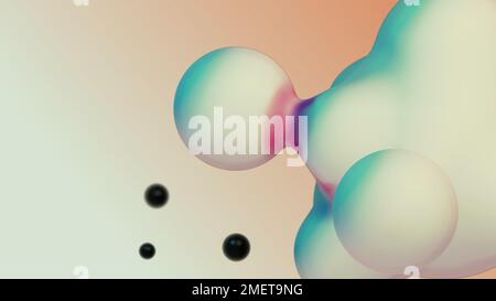 Liquid fluid dynamic abstract animated white metaball floating spheres blobs drops bubbles in transition deformation beige background with black Stock Photo