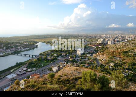 View of the town, the river Buna and Lake Scutari, Shkodra, Shkoder, Albania Stock Photo