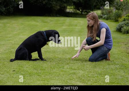 Teenage girl giving Labrador treats outside in garden Stock Photo