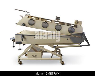 Smith-clarke 'senior' cabinet respirator (alligator model) (coventry type), iron lung large size, 1955, English. Stock Photo