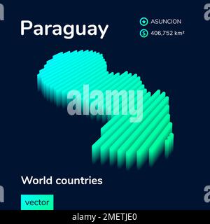 Paraguay 3D map. Stylized neon isometric striped vector map in green, turquoise and mint colors Stock Vector