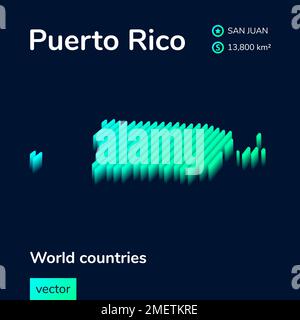 Puerto Rico map. Stylized isometric neon striped map is in green colors on the dark blue background Stock Vector