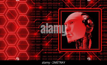 AI or artificial intelligence with abstract 3D robotic head - background of 4-digit binary code behind information connecting lines Stock Photo