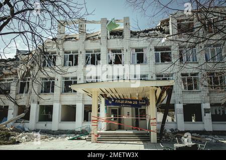 25th school destroyed by a Russian missile attack on 4 March at 9:30 h, Schytomir, Ukraine Stock Photo