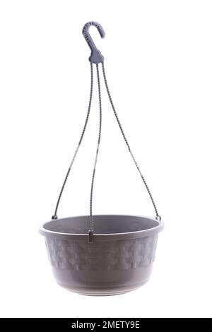 Gray Plastic Flower Pot With Hook isolated On A white background. Stock Photo