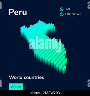 Peru 3D map. Stylized neon isometric striped vector map in green colors on the dark blue background Stock Vector