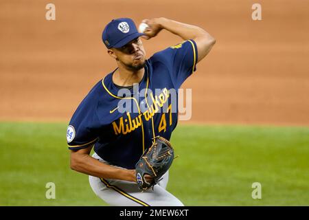 MILWAUKEE, WI - APRIL 16: Milwaukee Brewers relief pitcher Angel Perdomo  (47) throws during a game between the Milwaukee Brewers and the Pittsburgh  Pirates on April 16, 2021 at American Family Field