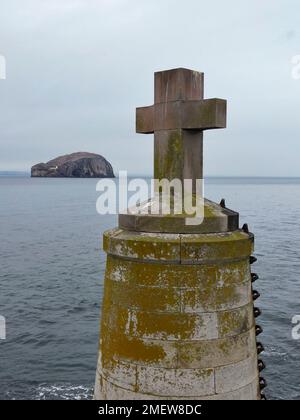 View of stone navigation beacon at Seacliff Beach near North Berwick in ...