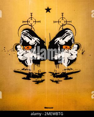 Toxic Mary, Madonna depiction with Christ Child with toxic food in the context of war themes, 2003, Banksy, exhibition about the street artist Stock Photo