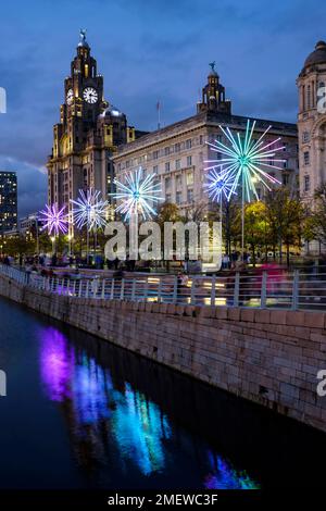 The Royal Liver Building on Pier Head at night, Liverpool, England Stock Photo