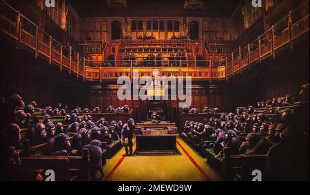 Devolved Parliament, 2009, satire on the debating chamber of the British House of Commons, Banksy, exhibition about the street artist, Muelheim Stock Photo