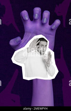 Collage photo of young funny man scared afraid panic horrible arm catching him horror film zombie problems isolated on painted purple background Stock Photo