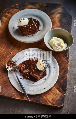 Salted caramel, tea, and fig brownie pudding Stock Photo