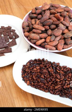 Chocolate, cocoa beans, and cocoa nibs Stock Photo