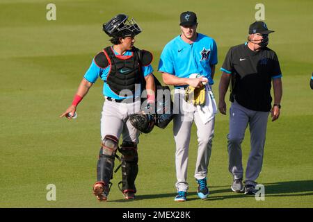 August 6 2021: Florida catcher Jorge Alfaro (38) hits a double during the  game with Colorado Rockies and Miami Marlins held at Coors Field in Denver  Co. David Seelig/Cal Sport Medi(Credit Image