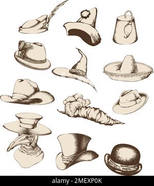 Set of different hats: top hat, medieval hats,  cowboy hat, Tyrolean hat, fedora, straw hat and more. Engraving style. Isolated illustration on a whit Stock Photo