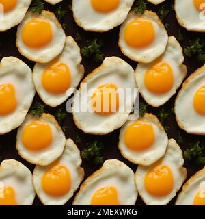 The background of scrambled eggs on a tray of greens. 3D illustration. seamless background Stock Photo