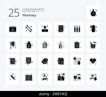 Pharmacy 25 Solid Glyph icon pack including capsule. liquid. medicine. drug. medical book Stock Vector