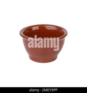 Rustic brown ceramic bowl isolated over white background. Stock Photo