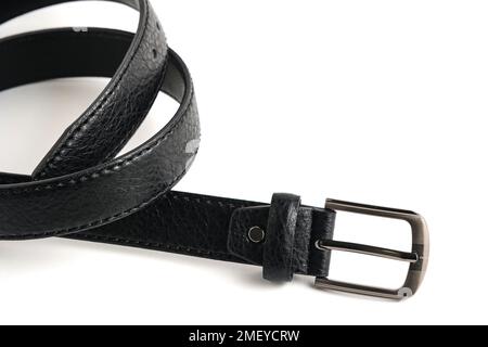 Black leather men belt with metal plaque white background, isolate Stock Photo