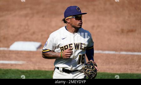 April 29, 2022 - Milwaukee Brewers second baseman Kolten Wong (16) is hit  by a pitch during MLB Baseball action between Chicago and Milwaukee at  Miller Park in Milwaukee, WI.(Credit Image Stock Photo - Alamy