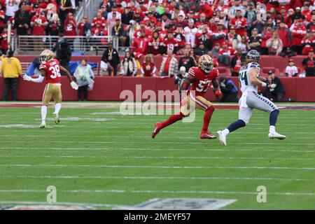 Seattle Seahawks tight end Colby Parkinson (84) walks off the field during  an NFL football game against the Las Vegas Raiders, Sunday, Nov. 27, 2022,  in Seattle, WA. The Raiders defeated the