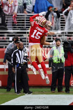 San Francisco 49ers wide receiver Jauan Jennings (15) runs onto the field  during an NFL football game against the Arizona Cardinals, Sunday, Jan.8,  2023, in Santa Clara, Calif. (AP Photo/Scot Tucker Stock