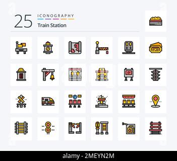Train Station 25 Line Filled icon pack including train. train. pin. railway. station Stock Vector