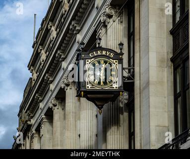 The famous Clery’s Clock unveiled in January 2022 following its refurbishment. On the Clerys Quarter in O’Connell St. Dublin, Ireland. Stock Photo