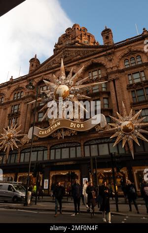 Harrods on the Cromwell Road London  with Christmas display on exterior Stock Photo