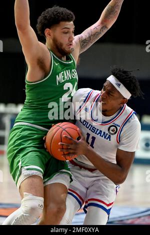 Louisiana Tech forwards Kenneth Lofton, Jr. (2) and Andrew Gordon (33)  celebrate a win over Mississippi after an NCAA college basketball game in  the NIT, Friday, March 19, 2021, in Frisco, Texas. (