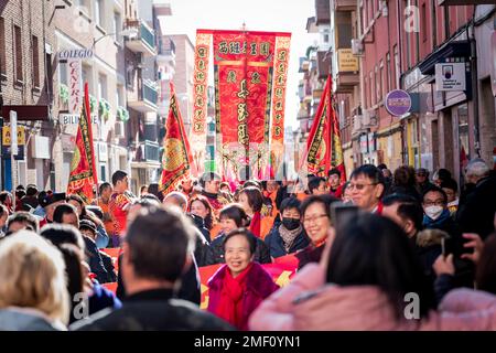 Madrid, Spain; 22nd January 2023: Head of the Parade with Flags with Chinese New Year symbols in the Usera neighborhood, Madrid. Spain Stock Photo