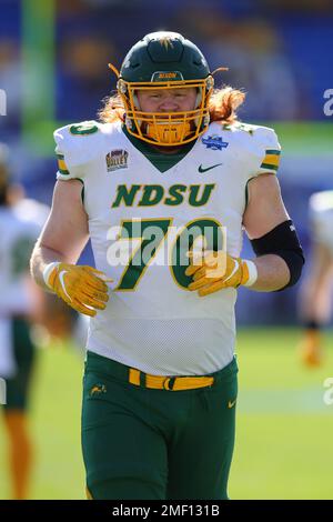 North Dakota State Bisons tackle Cody Mauch (70) during warmups for the 2023 NCAA Division I FCS National Championship Game at Toyota Stadium on Sunda Stock Photo