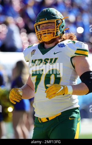 North Dakota State Bisons tackle Cody Mauch (70) during warmups for the 2023 NCAA Division I FCS National Championship Game at Toyota Stadium on Sunda Stock Photo