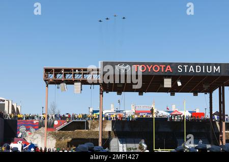 The South Dakota National Guard provide a flyover of Toyota Stadium before kickoff of the North Dakota State Bison against the South Dakota State Jack Stock Photo