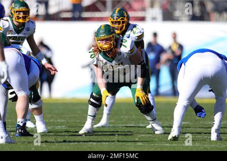 North Dakota State Bisons tackle Cody Mauch (70) sets up to block during the second quarter of the 2023 NCAA Division I FCS National Championship Game Stock Photo