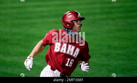 Alabama Owen Diodati (16) runs to first during an NCAA baseball