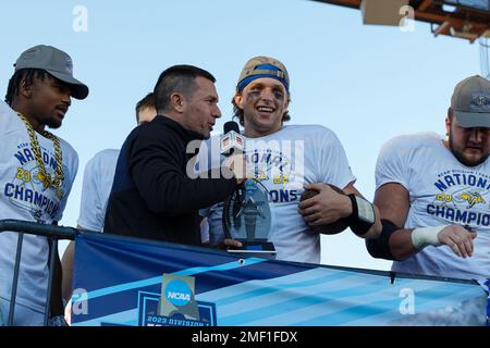 South Dakota State Jackrabbits quarterback Mark Gronowski being interviewed after winning the games most outstanding player award as SDSU dominates in Stock Photo