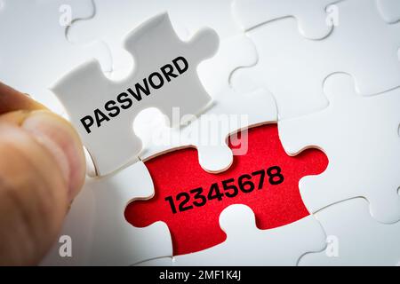 Account password, word "password" on puzzle pieces, simple password "12345678" account security, risk of data interception, email hacking or account h Stock Photo