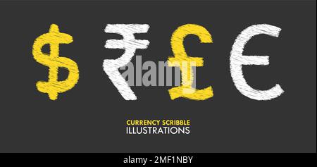 Scribble Chalk Style Rupee Dollar Pound Euro Currency Sign Vector Illustration Stock Vector