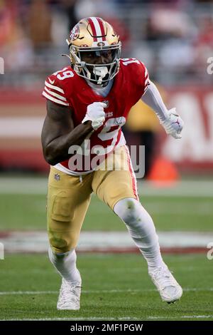 San Francisco 49ers wide receiver Deebo Samuel (19) celebrates during the  NFL football NFC Championship game against the Green Bay Packers, Sunday,  Jan. 19, 2020, in Santa Clara, Calif. The 49ers defeated