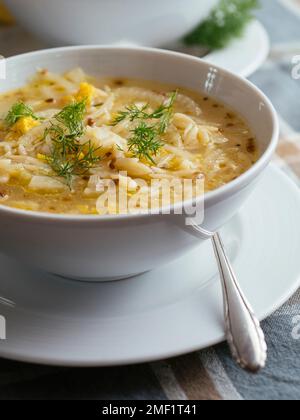 Bowl with a home made lemony fennel soup with orzo. Stock Photo