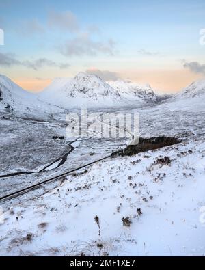 Snow covered Winter view of Glencoe in the Scottish Highlands, UK. Stock Photo