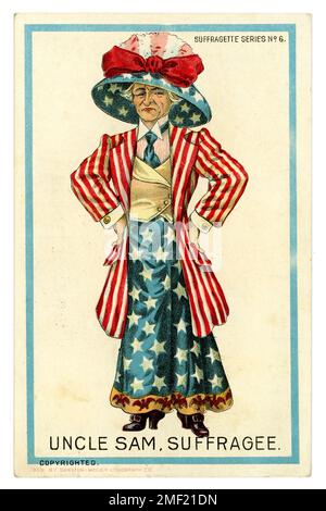Original illustrated American postcard of 'Uncle Sam Suffragee',  An anti-suffragette depicting Uncle Sam, America's most populuar symbol, dressed as a woman, clean-shaven without his beard, wearing a long coat and skirt and large hat with stars and stripes design. The inference is that Uncle Sam and manhood will be emasculated by the suffragettes. Suffragette series no. 6    Published by Dunston-Weiler Lithographic Co.  in 1909. USA.