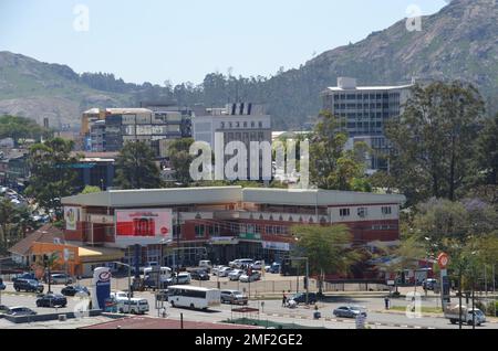 View of the mountain kingdom of Eswatini capital Mbabane with buildings, shopping and transportation in the city centre Stock Photo