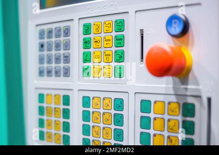 Smart control panel of injection molding machine at exhibition, plant or factory Stock Photo