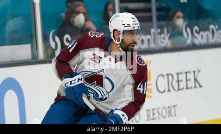Colorado Avalanche center Pierre-Edouard Bellemare (41) in the third period  of an NHL hockey game Friday, March 12, 2021, in Denver. Colorado won 2-0.  (AP Photo/David Zalubowski Stock Photo - Alamy