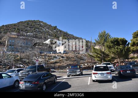 Jerome, AZ. U.S.A. May 18, 2018. A National Historical Landmark 1967, Jerome’s Cleopatra hill tunnel/open pit copper mining boom 1890s to bust 1950s. Stock Photo